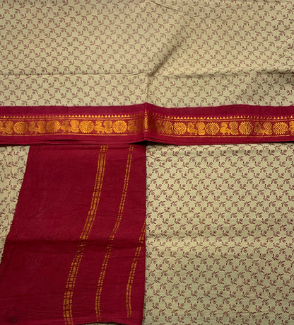 Chettinad Sungudi Cotton Tussar Colour with Maroon Border