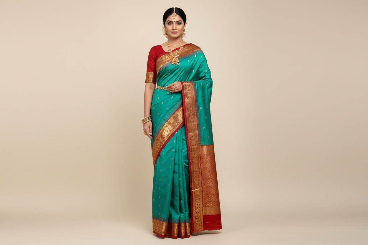 Pure Kanchipuram Silk Saree Green Shade with Contrast Red Annam Border