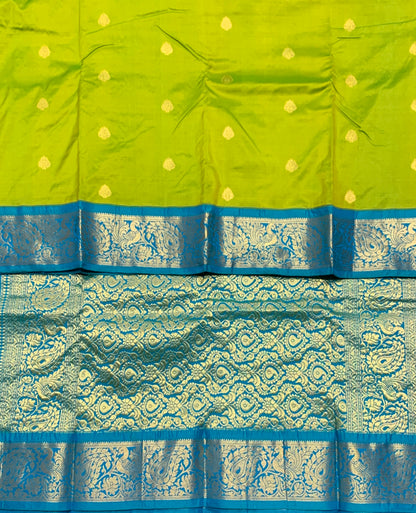 Pure Kanchipuram Silk Saree Light Green Colour with Sky Blue Border