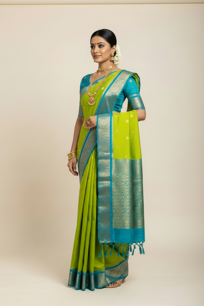 Pure Kanchipuram Silk Saree Light Green Colour with Sky Blue Border
