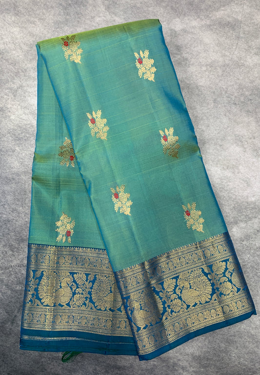 Pure Kanchipuram Silk Saree Dual Colour with Sky Blue Colour Border