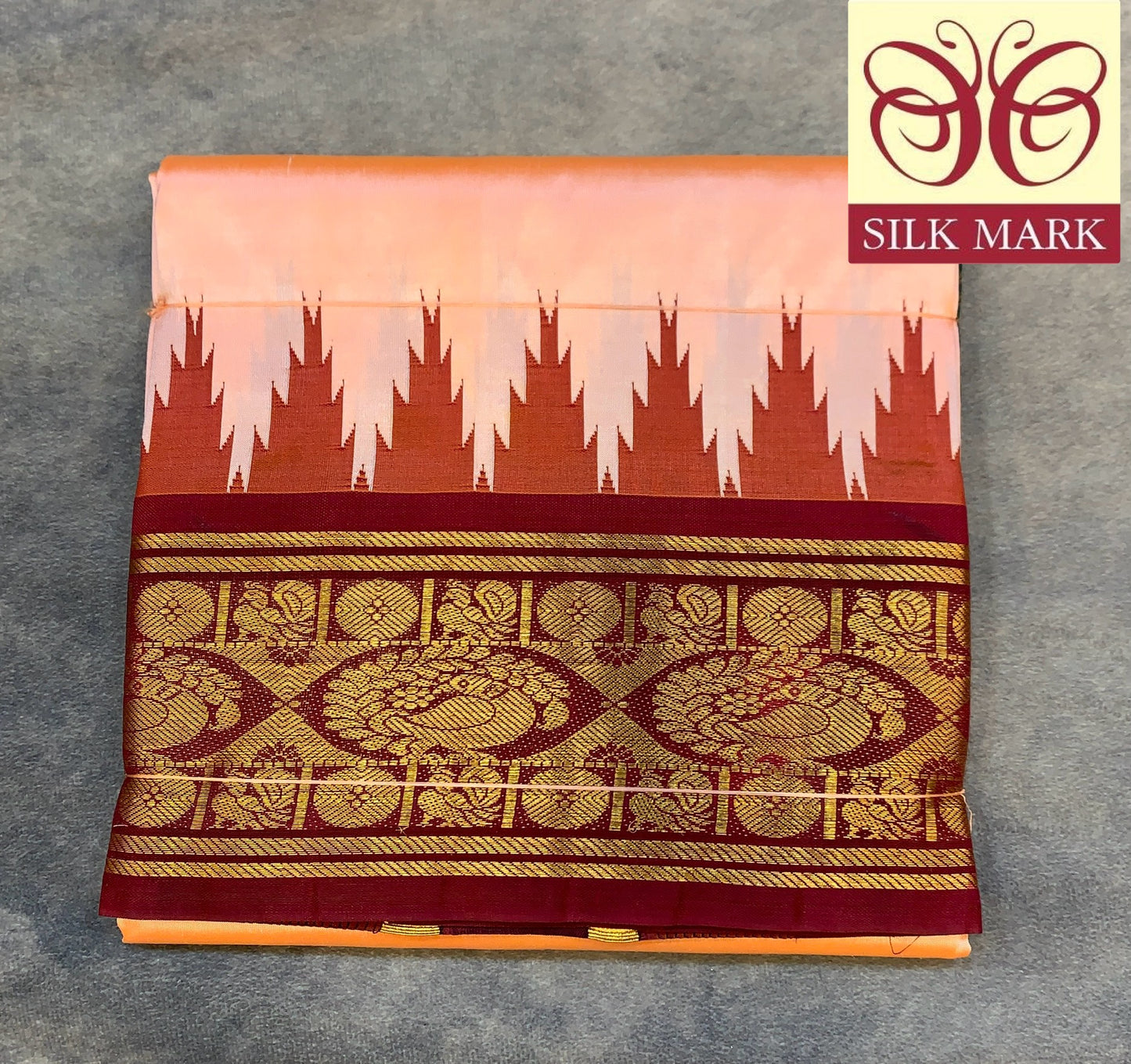 6 Mulam Silk Pooja Towel Peach Colour with Ganga Jamuna Korvai Border( Pre Order Available)
