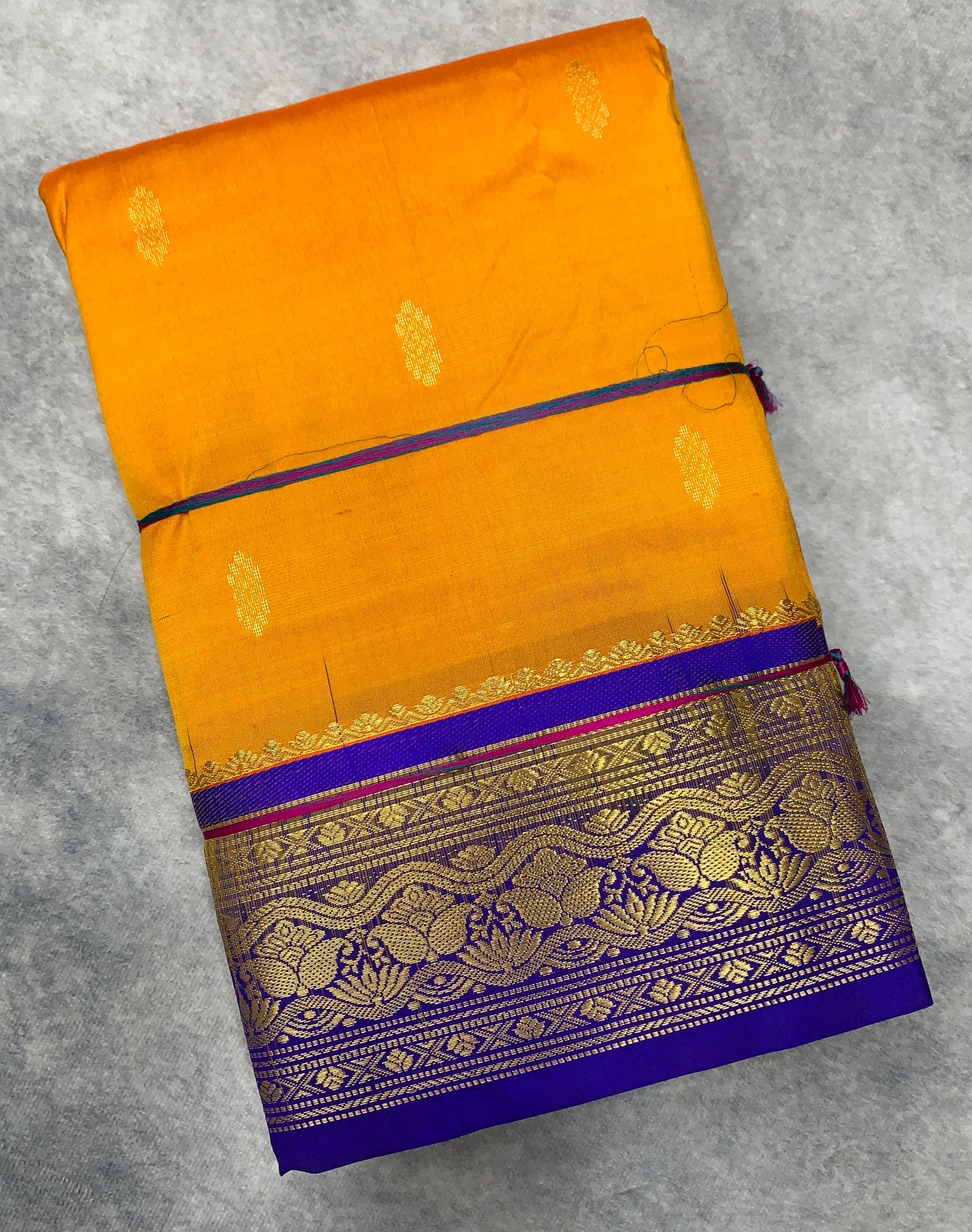 Pure Kanchipuram Silk Yellow Colour with Blue Border