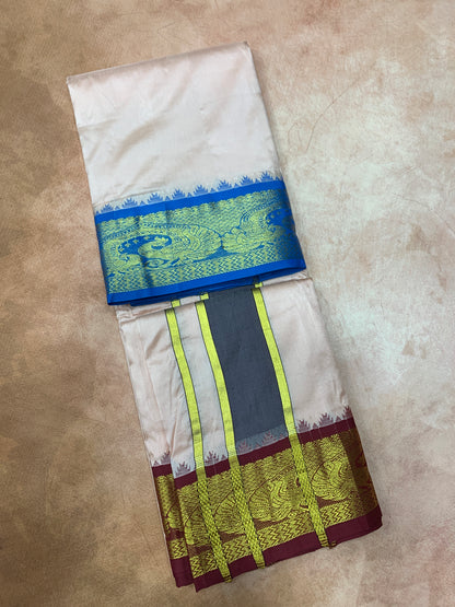 9X5 Pure Silk Dhoti Peach Colour with Sky Blue and Brown Ganga Jamuna Border