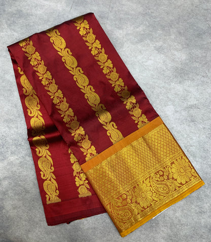 Brown shade Pure Kanchipuram Kids Pattu Pavadai with contrast border for age 5 to 10