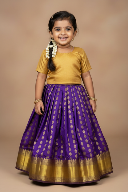 Violet Shade Pure Kanchipuram Kids Pattu Pavadai with Contrast Border for Newborn to 2 Years
