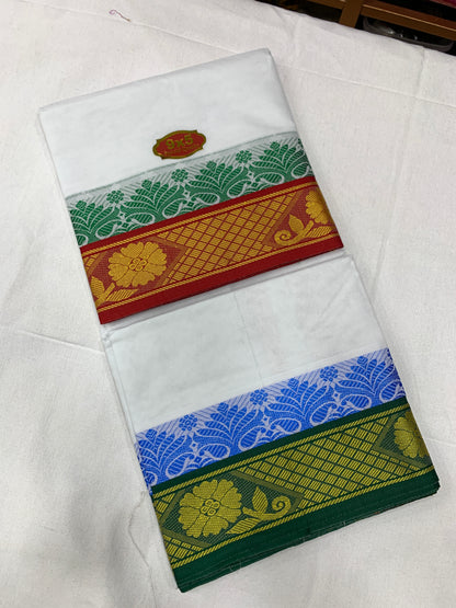 9X5 Cotton Dhoti White with Red and Green Ganga Jamuna Border