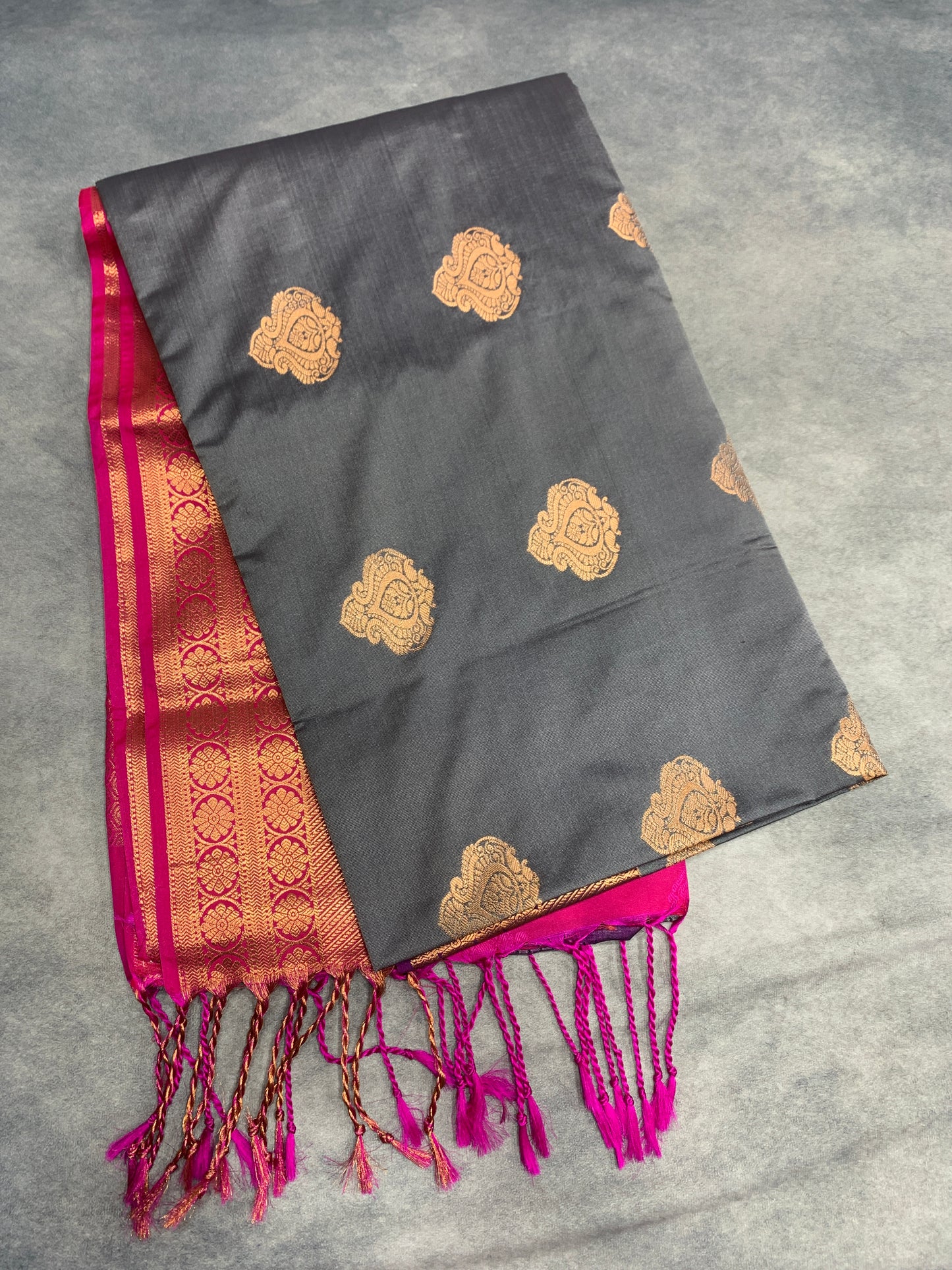 Soft Vegan Silk Saree Gray Colour with Pink and Copper Border
