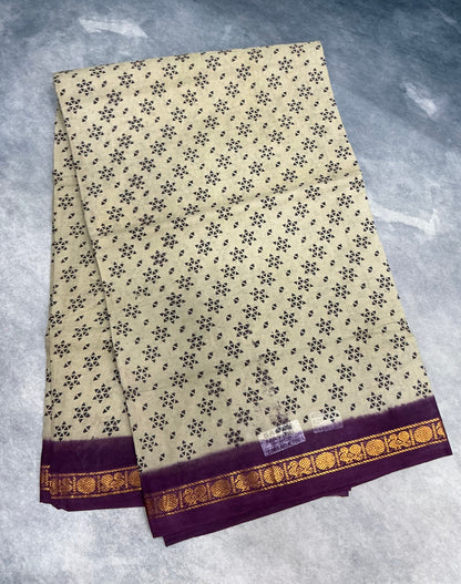 Chettinad Sungudi Cotton Sandal Colour with Magenta Colour Border