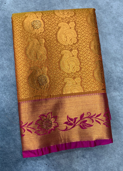 Vegan Silk Saree Golden Yellow Colour with Copper and Pink Border