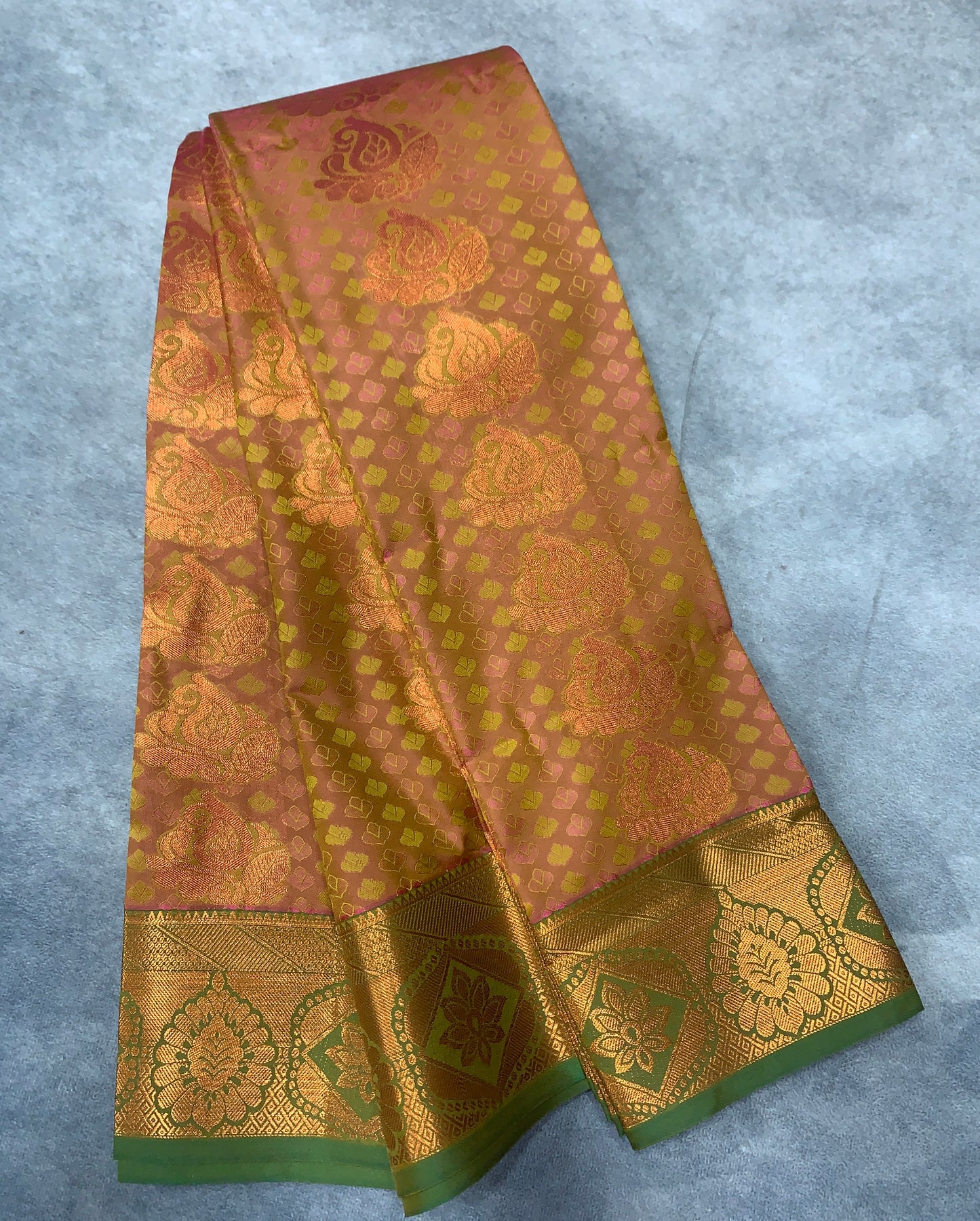Vegan Silk Saree Dual Colour Shade Saree with Copper and Light Green Border