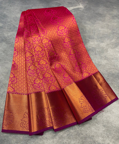 Vegan Silk Saree Pink Colour with Copper and Magenta Border