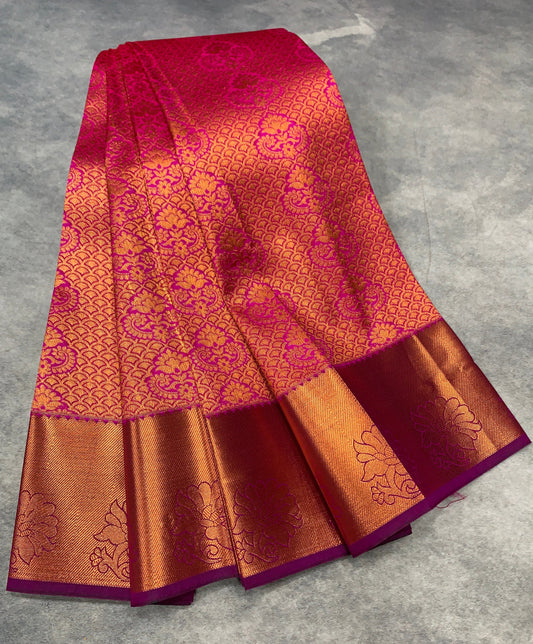 Vegan Silk Saree Pink Colour with Copper and Magenta Border