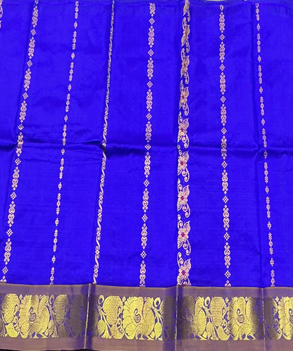 Blue Shade Pure Kanchipuram Kids Pattu Pavadai with Contrast Border for Newborn to 2 Years