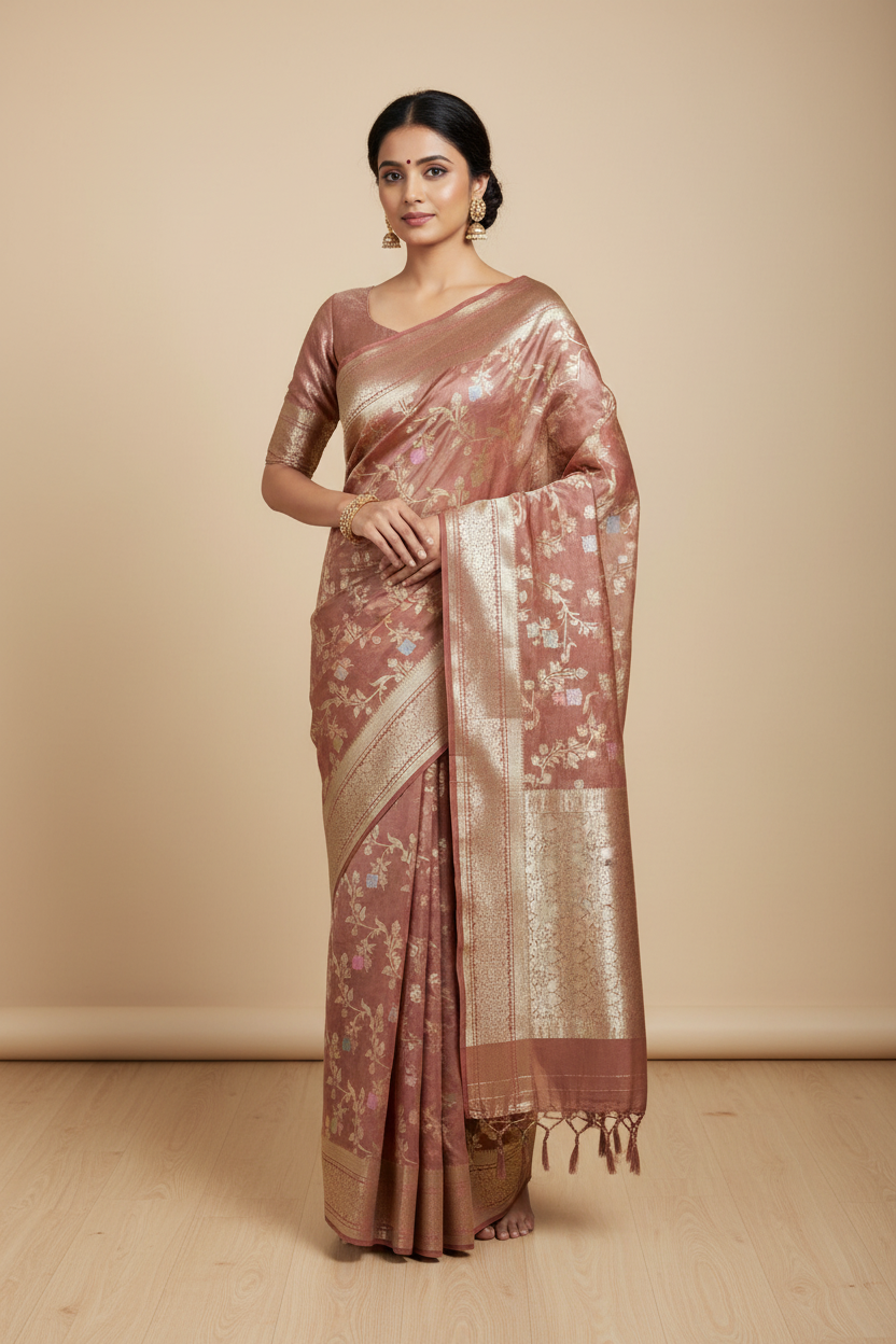 Meenakari Banaras Tissue Silk Saree Chocolate Brown Colour
