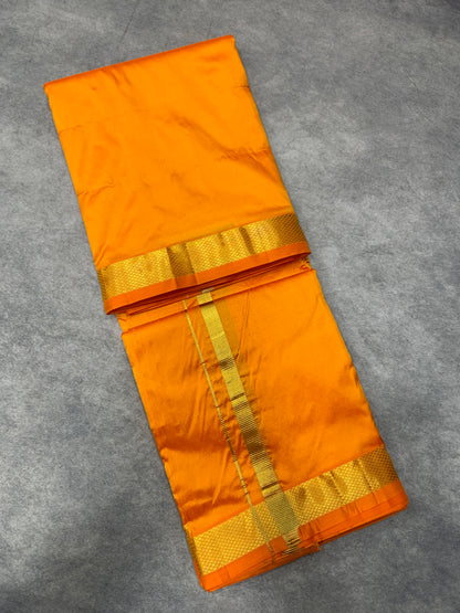 9X5 Pure Silk Dhoti Mango Yellow with Golden Zari Border