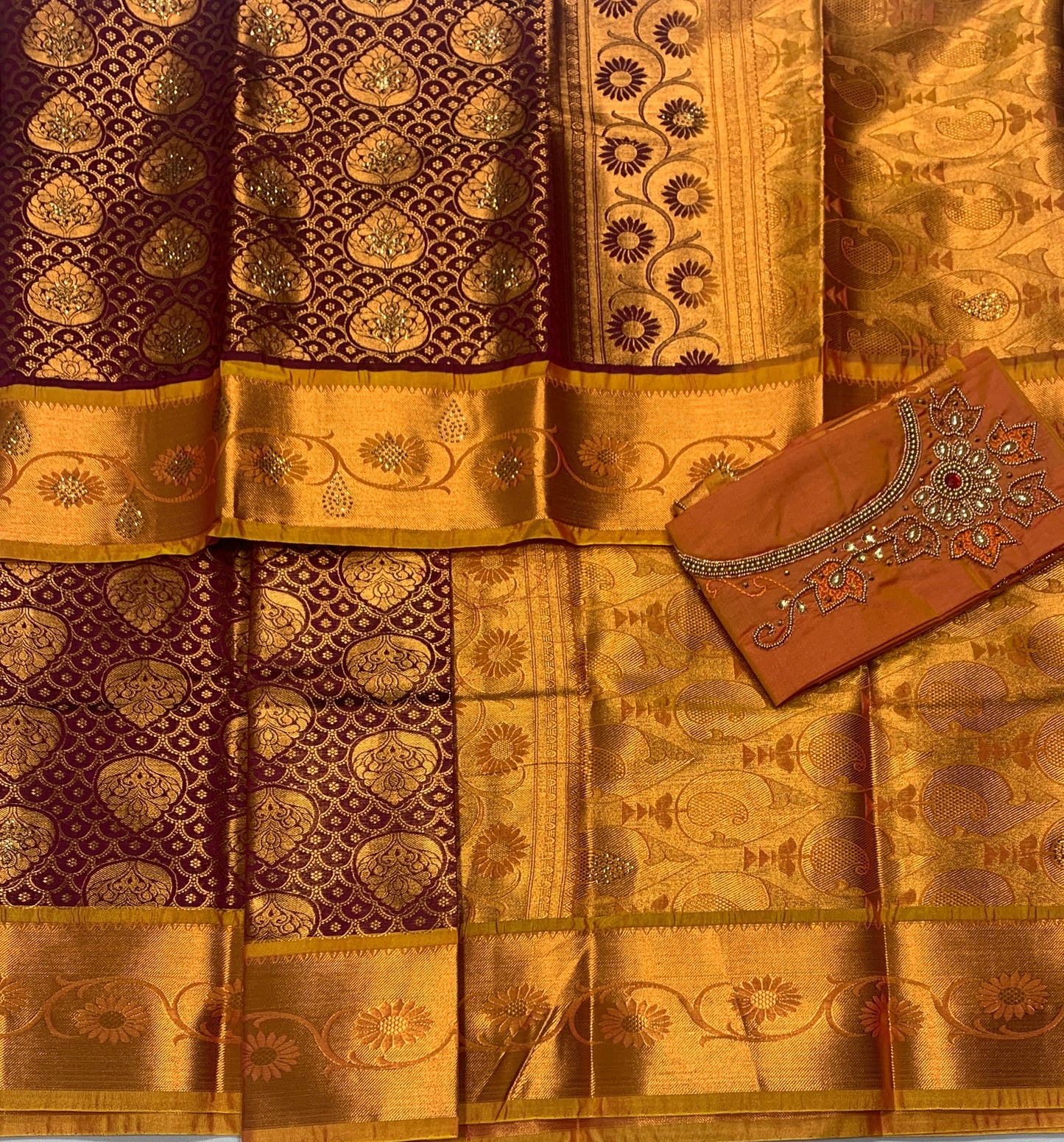 Bridal Vegan Silk Saree Brown shade with Mustard Border with Unstitched blouse in Aari work