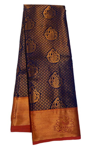 Vegan Silk Saree Navy Blue Colour with Copper Zari Border