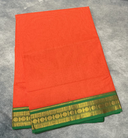 Chettinad Cotton Saree Orange Colour with Light Green Colour with Zari Work Border