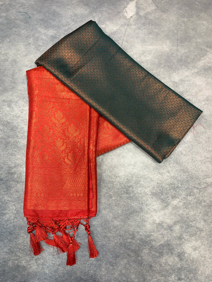Soft Silk Saree Green Colour with Red Colour Pallu