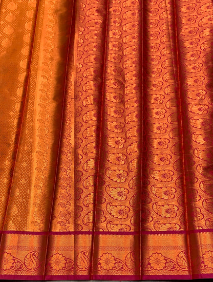 Vegan Silk Saree Golden Yellow Colour with Pink and Copper Border
