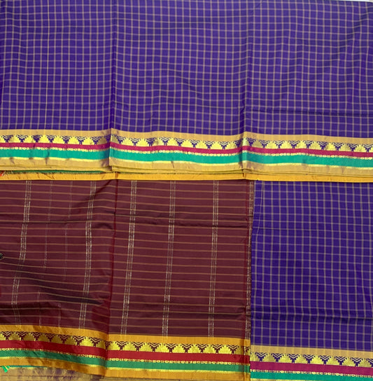 9 yards Vegan Silk Saree Violet Colour with Cheked Design