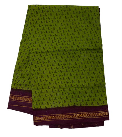 9 yards Cotton Saree Olive Green Colour with Brown Border