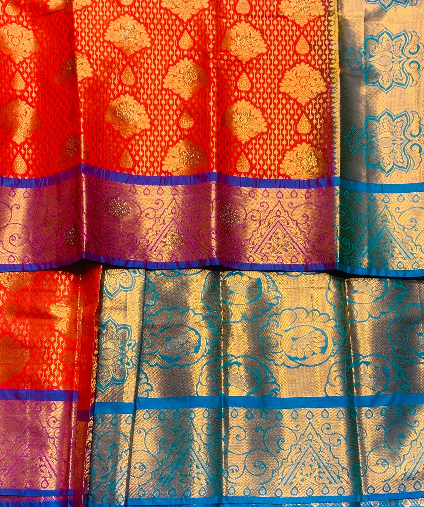 Vegan Silk Saree Red Colour with Copper and Blue Border