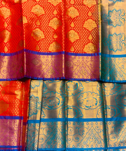 Vegan Silk Saree Red Colour with Copper and Blue Border