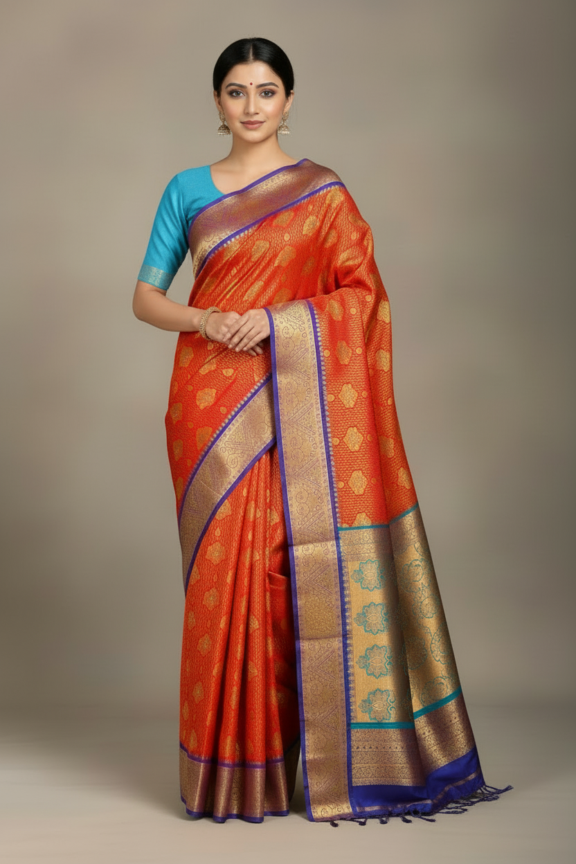 Vegan Silk Saree Red Colour with Copper and Blue Border