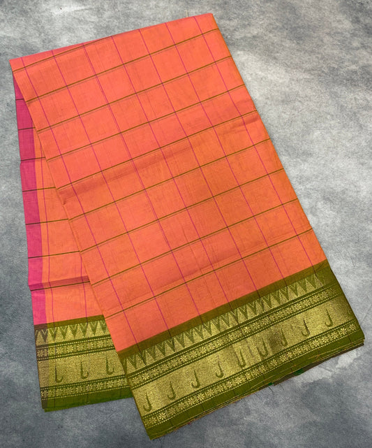 Chettinad Cotton Saree Orange Shade with Olive Green Colour Border