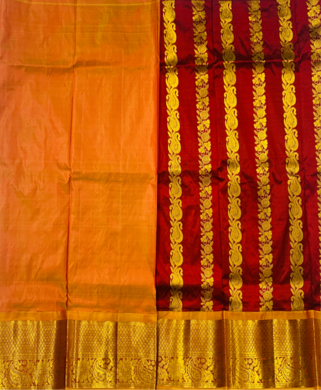 Brown shade Pure Kanchipuram Kids Pattu Pavadai with contrast border for age 5 to 10