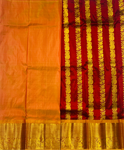 Brown shade Pure Kanchipuram Kids Pattu Pavadai with contrast border for age 5 to 10