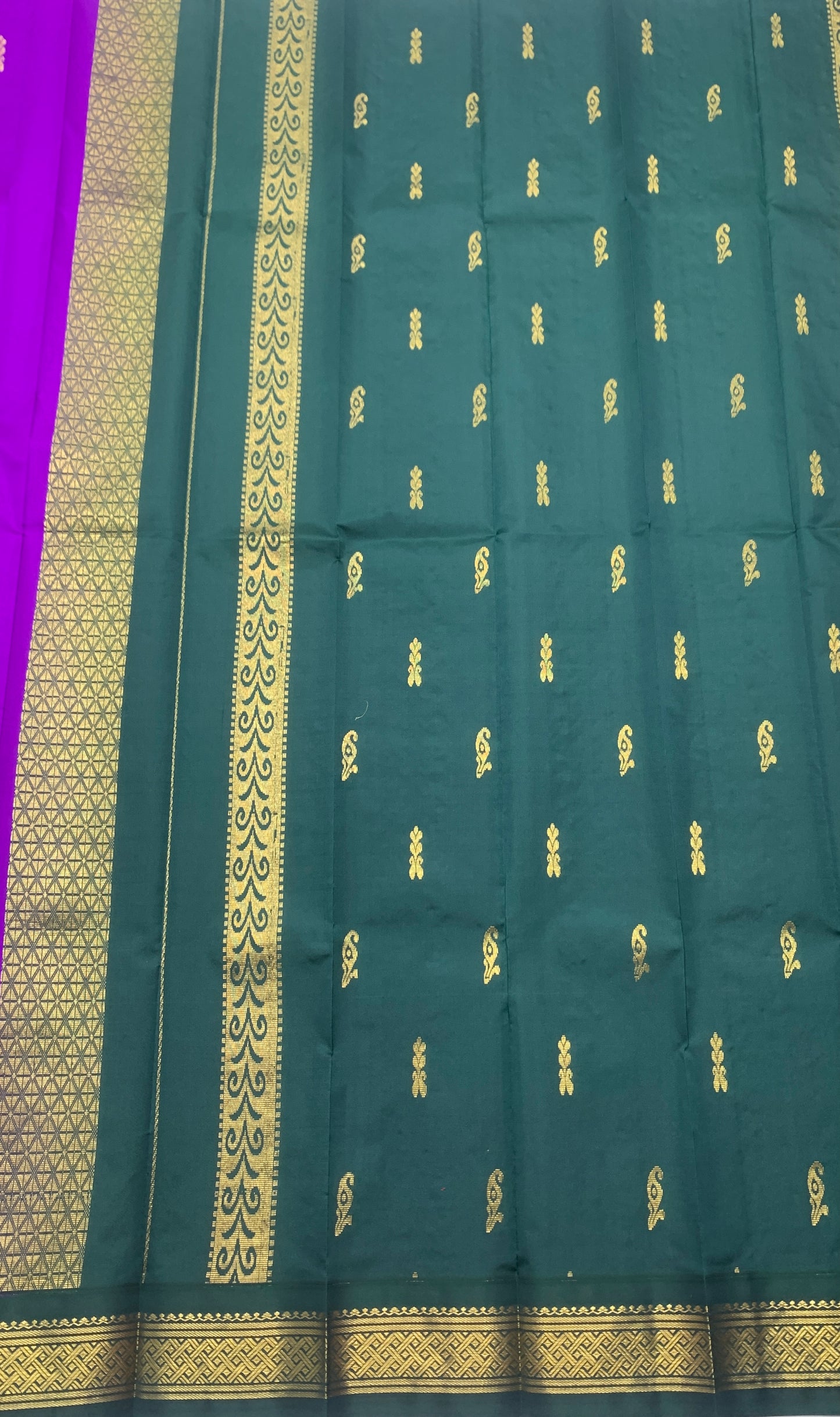 Pure Kanchipuram Silk Saree Violet Colour with Green and Gold Zari Border