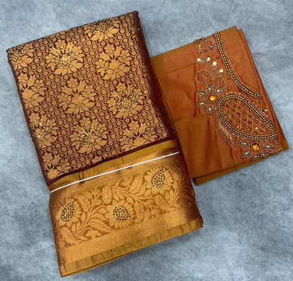 Bridal Vegan Silk Saree Maroon shade with Golden Yellow Border with Unstitched blouse in Aari Work