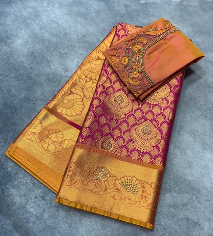 Bridal Vegan Silk Saree Pink Colour with Golden Yellow Border with Unstitched blouse in Aari Work