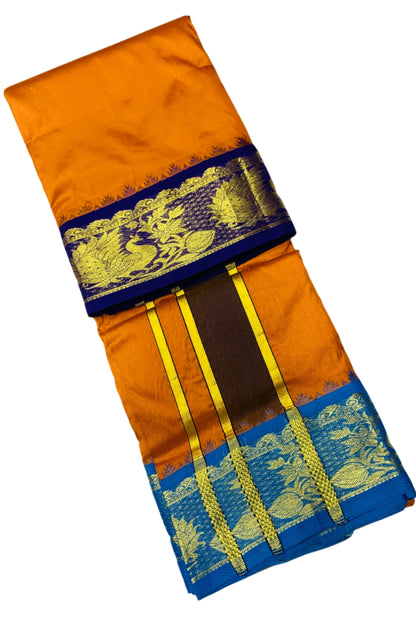 9X5 Pure Silk Dhoti Mango Yellow Colour with Blue and Sky Blue Ganga Jamuna Border