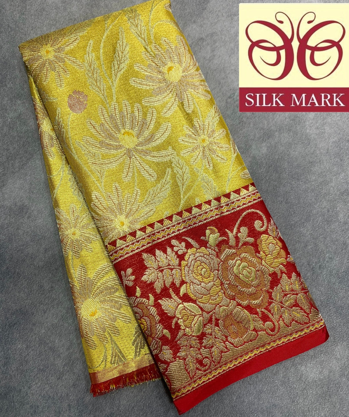Yellow Shade Pure Kanchipuram Kids Pattu Pavadai with Contrast Border for Newborn to 2 Years