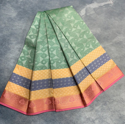 Poly Cotton Saree Pastel Green Colour with Vibrant Multicolour Border