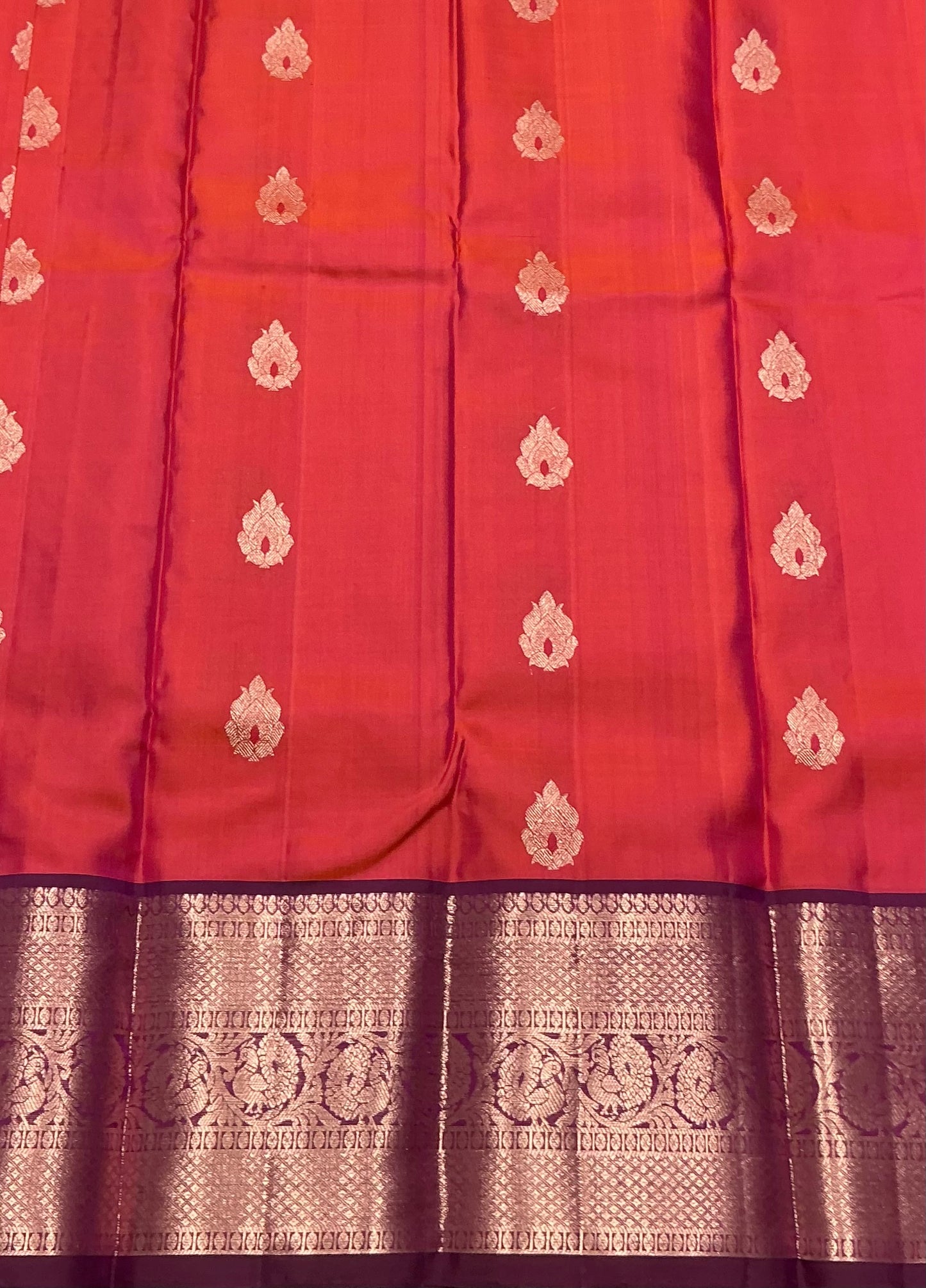 Pure Kanchipuram Silk Saree Peachish Pink Colour with Dark Magenta Border