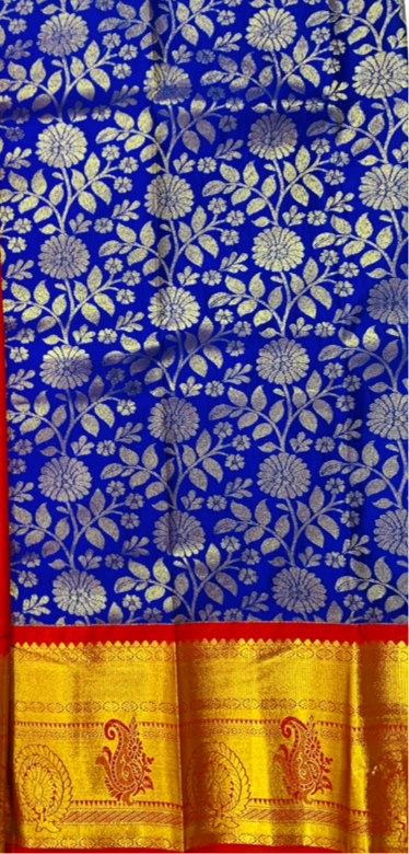 Blue shade vegan silk Kids Pattu Pavadai with contrast border for age 5 to 10