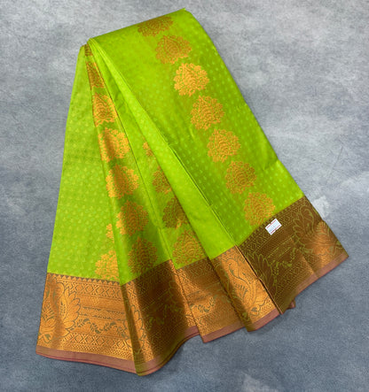 Vegan Silk Saree Light Green Colour Saree with Copper Border