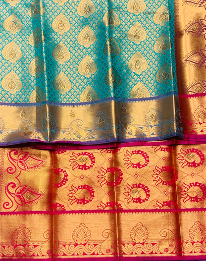 Vegan Silk Saree Rama Green Colour with Copper and Magenta Border