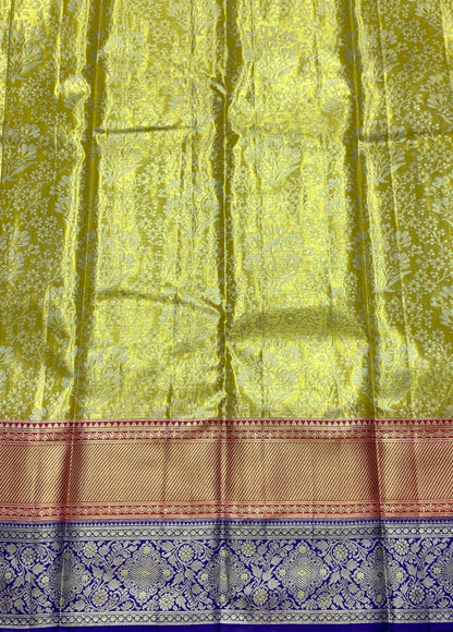 Lime Yellow Colour Soft Kanchi Tissue Pattu Saree with Blue Border