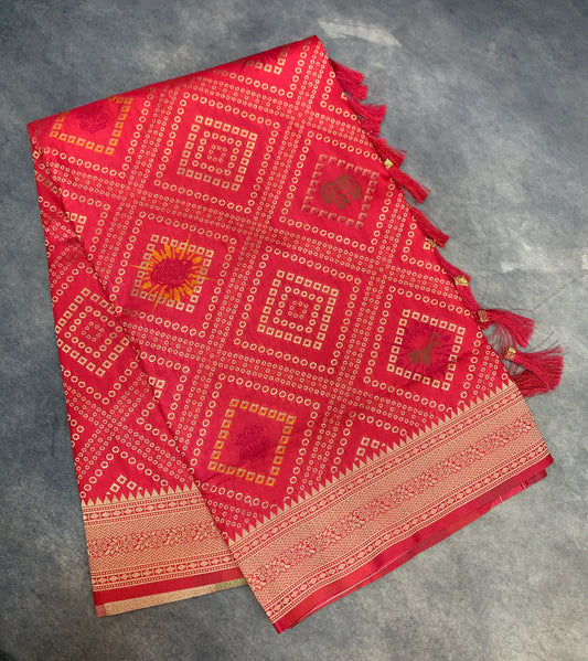 Banaras Soft Silk Saree Peach Pink Colour with Sliver Colour Floral Design Border