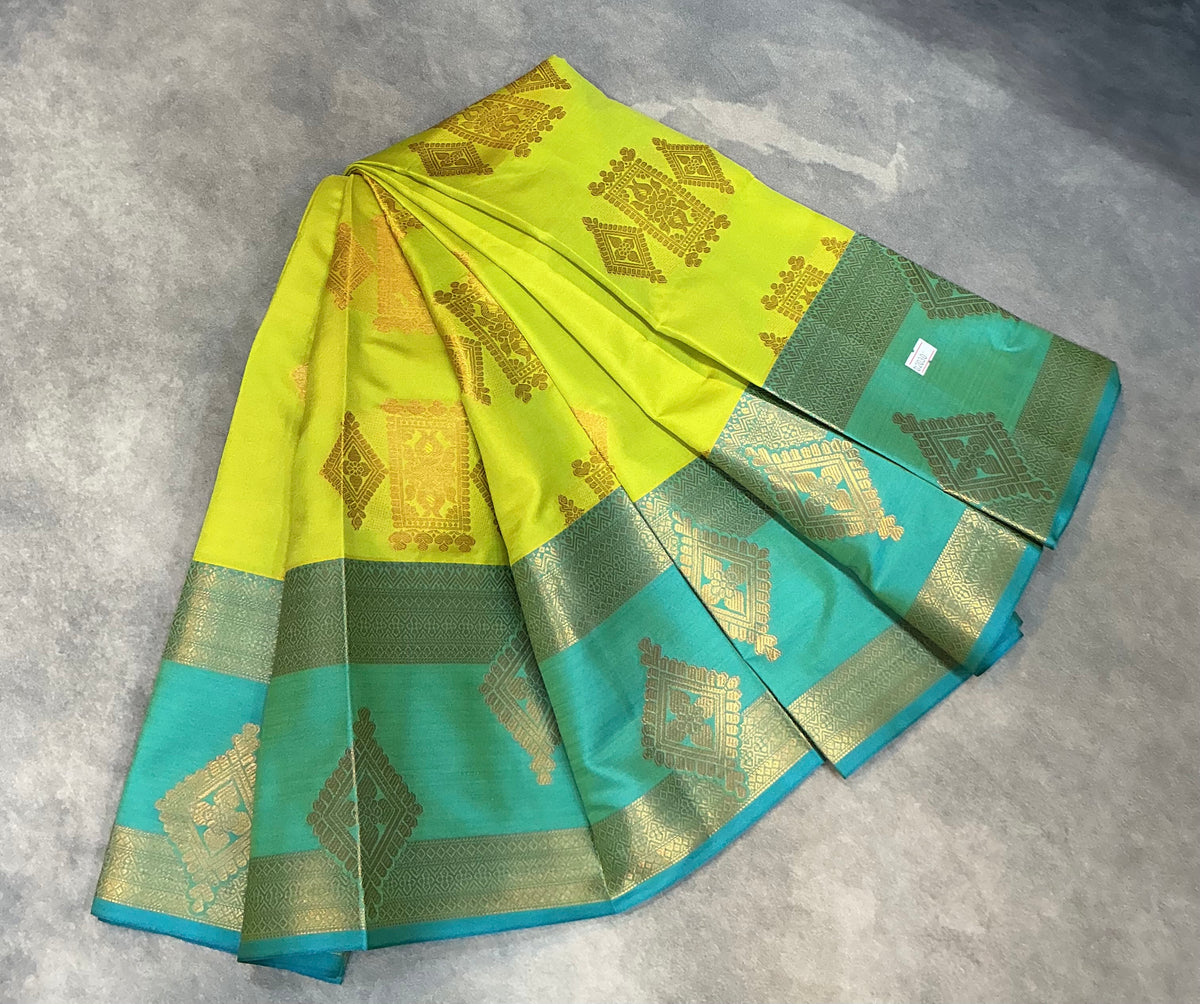 Soft Silk Casual Saree Apple Green Colour with Rettai Rama Green Colour Border
