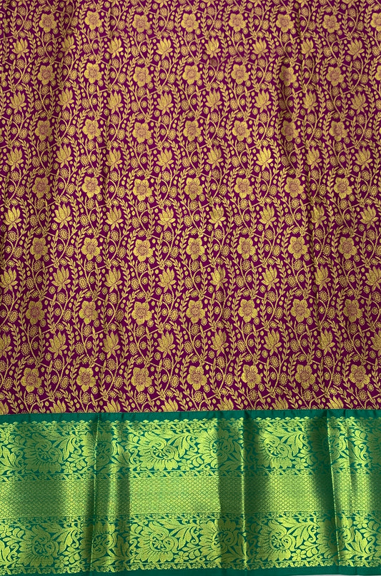 Magenta shade Vegan Silk Kids Pattu Pavadai with Contrast border for age above 10 years