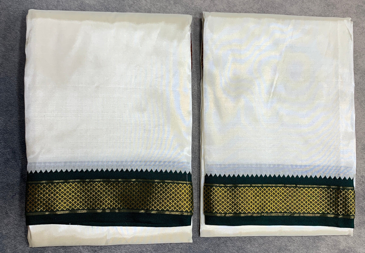 Art Silk Dhoti 8X4 Cream Colour with Small Ganga Jamuna(Green/ Maroon) Border
