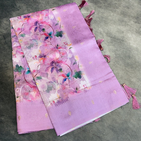 Digital Print Cotton Saree Lavender Colour with Floral Pattern