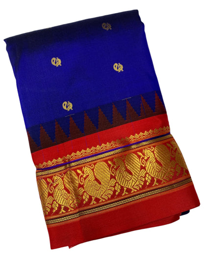 Pure Kanchipuram Silk Saree Blue Colour with Contrast Red Annam Border
